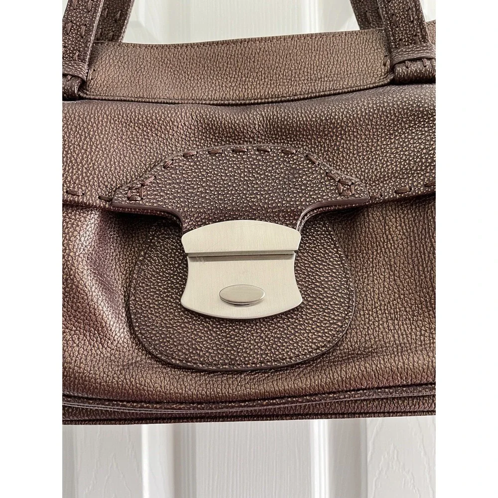 Ashneil Shimmer Brown Pebbled Leather Satchel Bag Silver Hardware Suede Lining